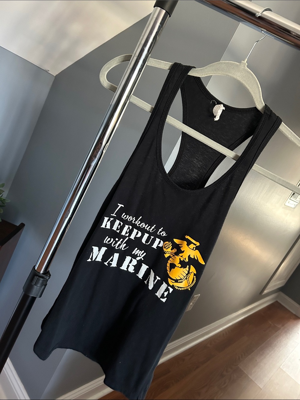Black Military Graphic Racerback Tank with Yellow Emblem, XS
